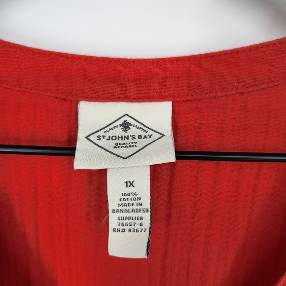 St. Johns Bay Womens Gauzy Top Size 1X Red Orange Cotton Summer Beachy Flowy - Picture 5 of 7